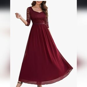 Elegant Burgundy Lace Evening Gown 3/4 Sleeves NWT